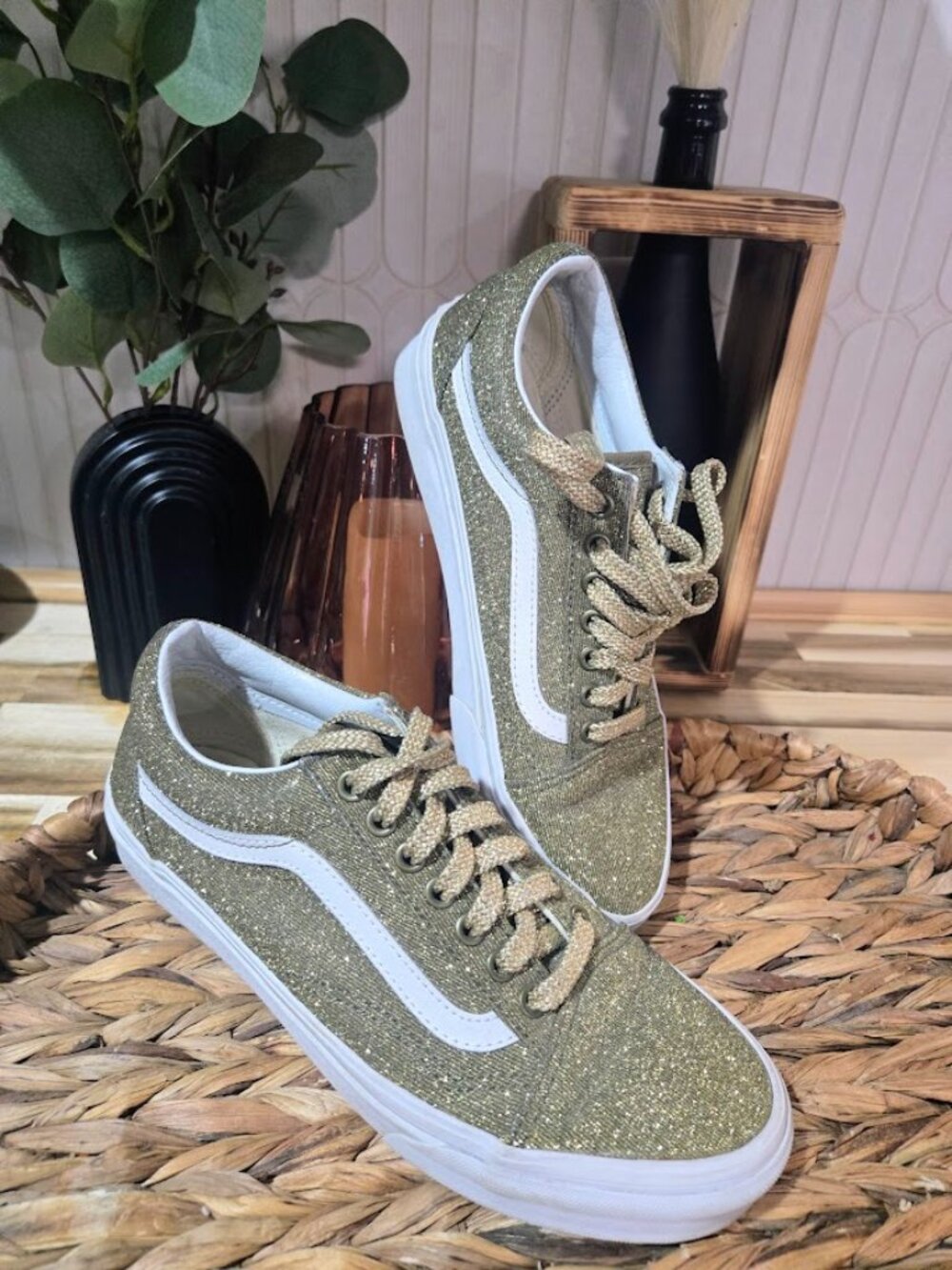 Vans Old Skool Glitter Sneakers - Champagne Gold / White - Size US Women's 9